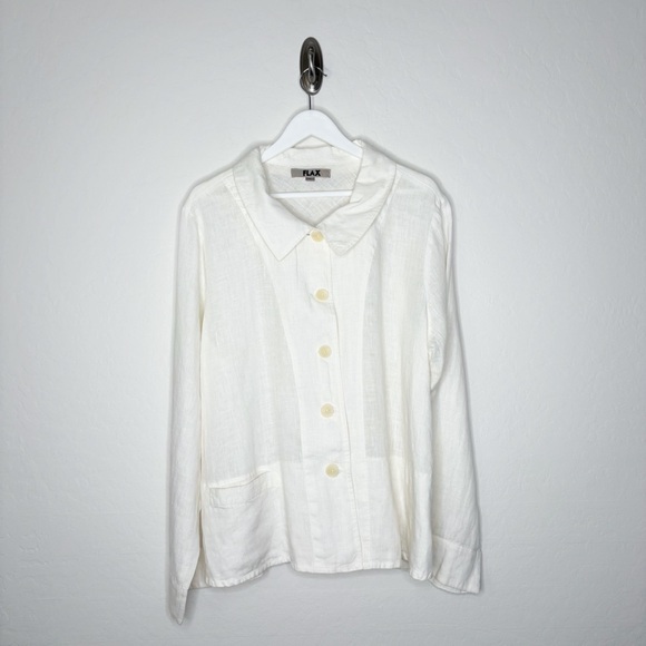 FLAX 100% Linen Long Sleeve Button Down Top Cream Of White Size Large - Picture 1 of 8